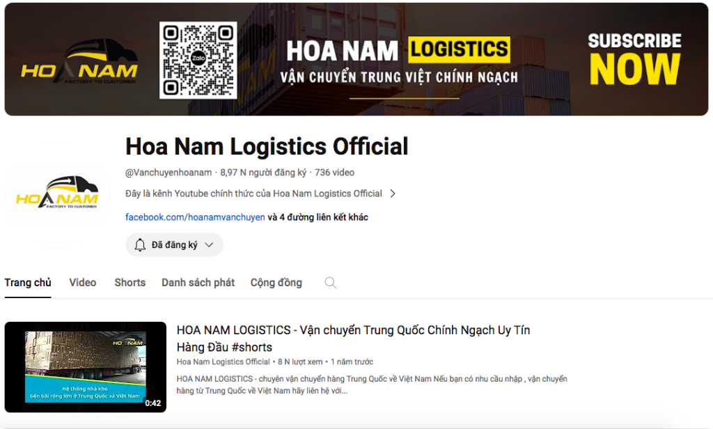 Kênh Youtube chính thức của Hoa Nam Logistics nơi bạn có thể xem các video hướng dẫn, chia sẻ kinh nghiệm nhập hàng Trung 