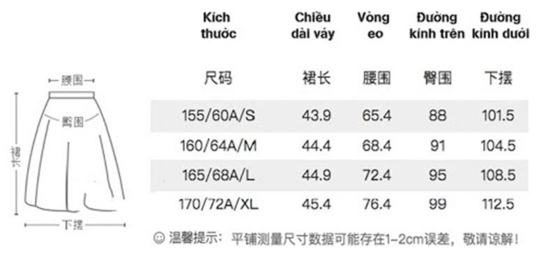 Bảng dịch size mặt hàng váy ngắn