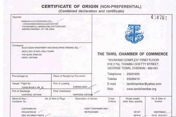 Mẫu Certificate of Origin (Chứng chỉ xuất xứ)
