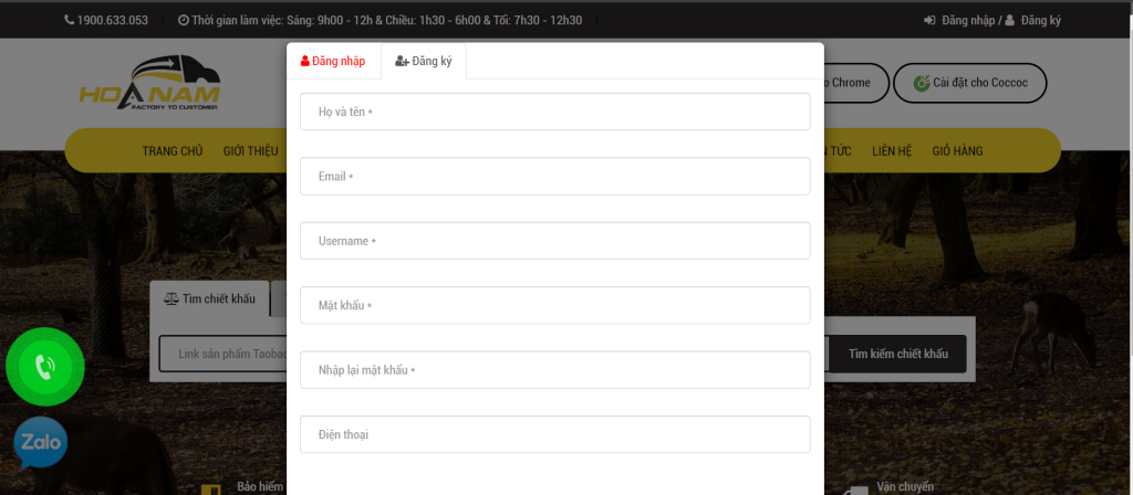 Điền các thông tin liên quan để đăng kí tài khoản tại web vanchuyenhoanam.vn
