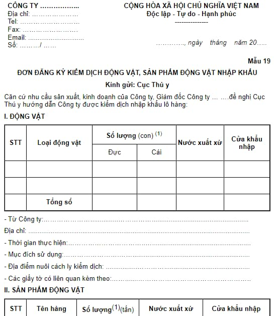 mẫu đơn đăng ký kiểm dịch động vật, sản phẩm động vật nhập khẩu áp dụng từ 06/10/2022?