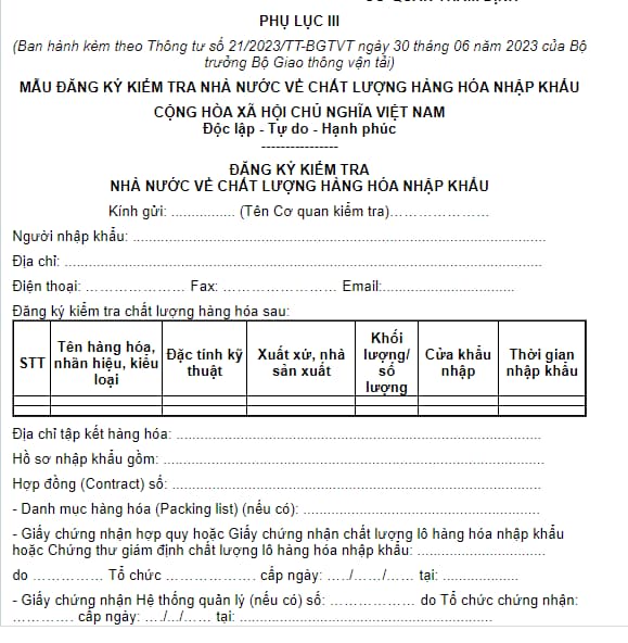 Mẫu đăng ký kiểm tra nhà nước về chất lượng hàng hóa khi nhập khẩu búa thoát hiểm