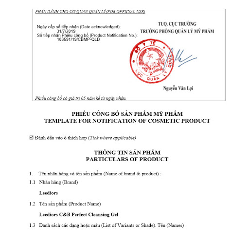 Mẫu Công bố mỹ phẩm